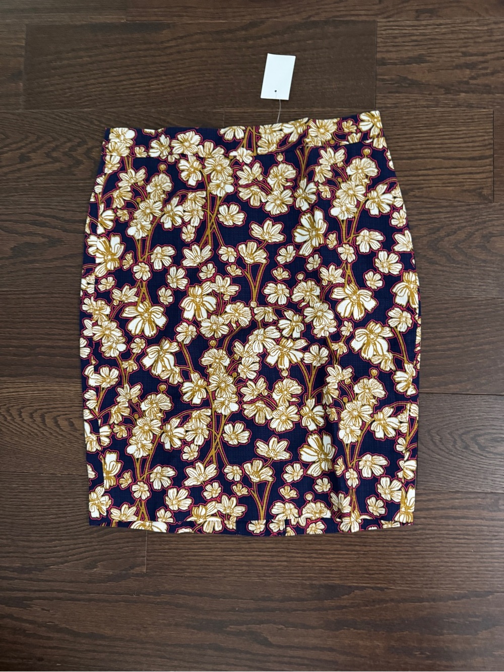 J. Crew Navy Floral Pencil Skirt with Gold Accents